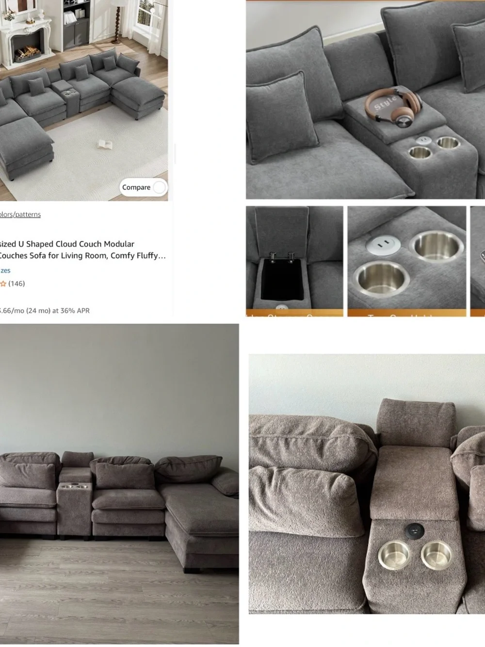 Modular Sectional Sofa with Cup Holders - Gray